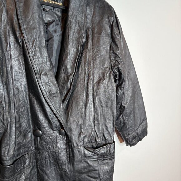 Vintage black leather long trench jacket - Picture 2 of 5